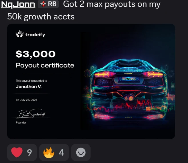 Tradeify payout certificate, Jonathon V., second payout, $3,000