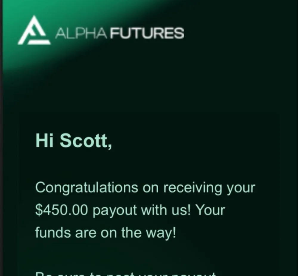 Alpha Futures payout confirmation, $450